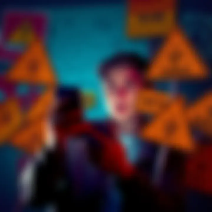 A person looking at a phone with a concerned expression, surrounded by warning signs about scams