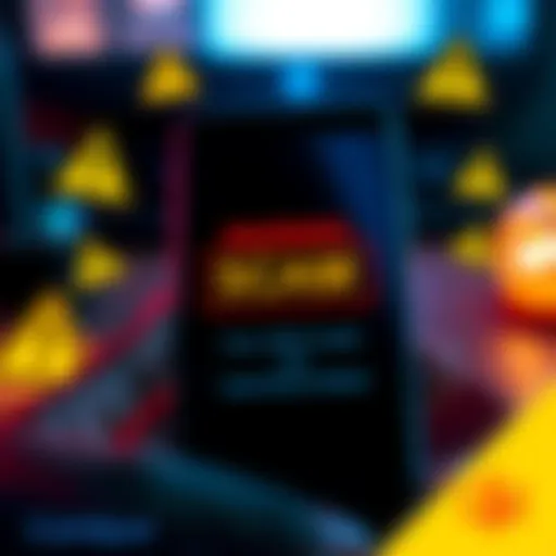 A smartphone screen displaying a scam SMS claiming to be from CoinSpot, with caution symbols around it.