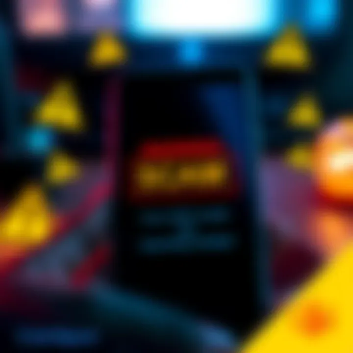 A smartphone screen displaying a scam SMS claiming to be from CoinSpot, with caution symbols around it.