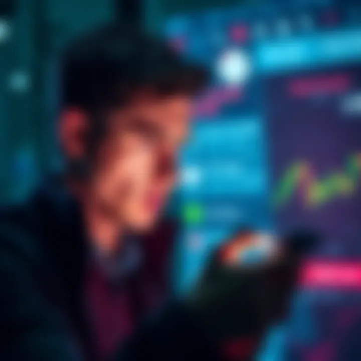 A person looking worried while using their phone to report a scam involving their bank account, with a background of a digital financial app interface.