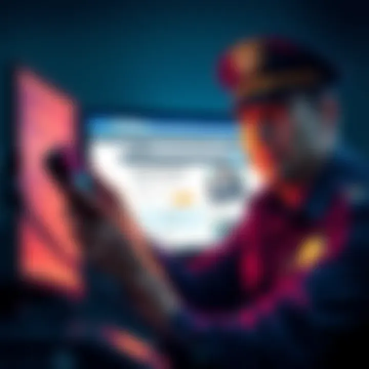 Scammer impersonating a police officer A person on the phone with a concerned look, while a computer screen shows a phishing site related to Ledger.