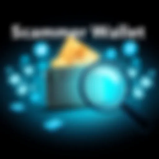 A graphic showing a digital wallet with dollar signs, a magnifying glass, and social media icons, symbolizing the search for a scammer in the HBAR community.