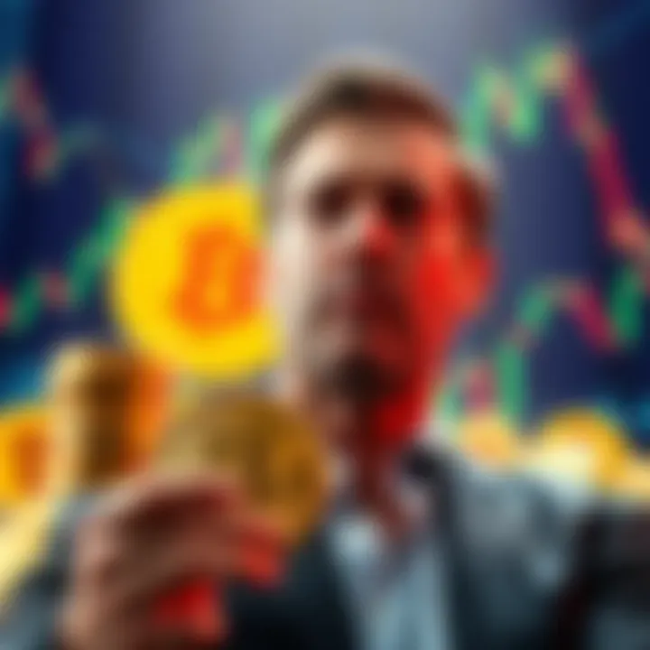 Scott Saylor with Bitcoin Coins Scott Saylor standing with Bitcoin coins, looking concerned, with a backdrop of financial charts.