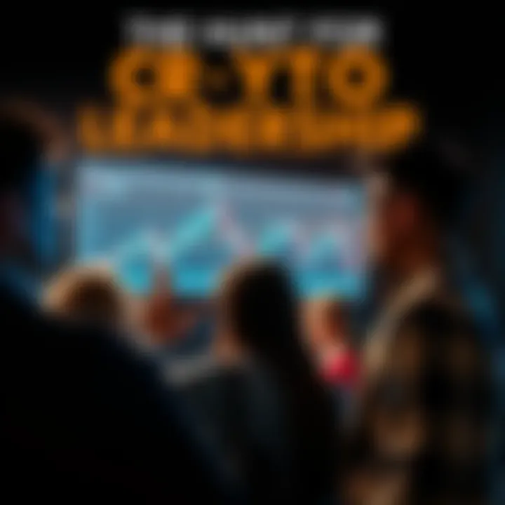A group of diverse people looking at a digital currency chart on a screen, symbolizing the search for leadership in cryptocurrency.