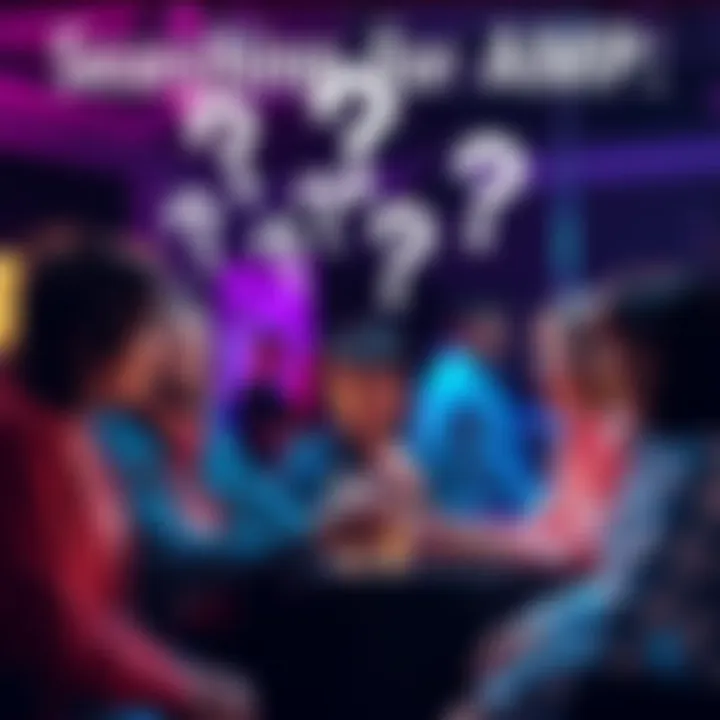 A group of people discussing the relevance of AMP in a friendly setting with question marks above