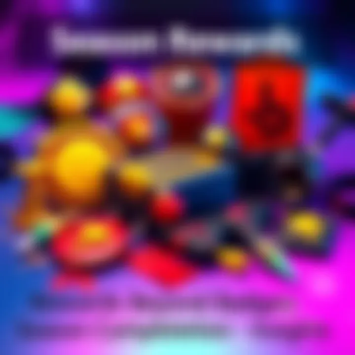 A variety of gaming rewards like skins, bonuses, and items displayed on a colorful background