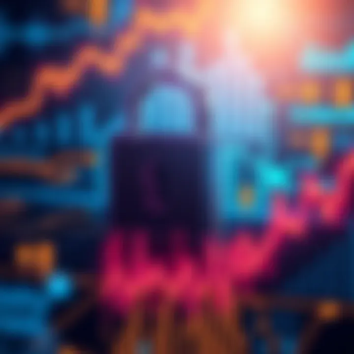 Illustration of a digital lock symbolizing privacy in transactions, with a graph showing compliance and security growth.