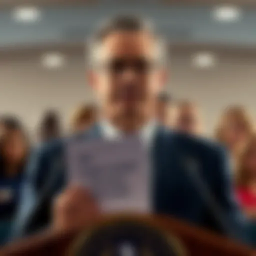 A close-up of a confident man standing at a podium labeled SEC, holding a document titled crypto market structure bill, with a diverse group of people in the background looking attentive.