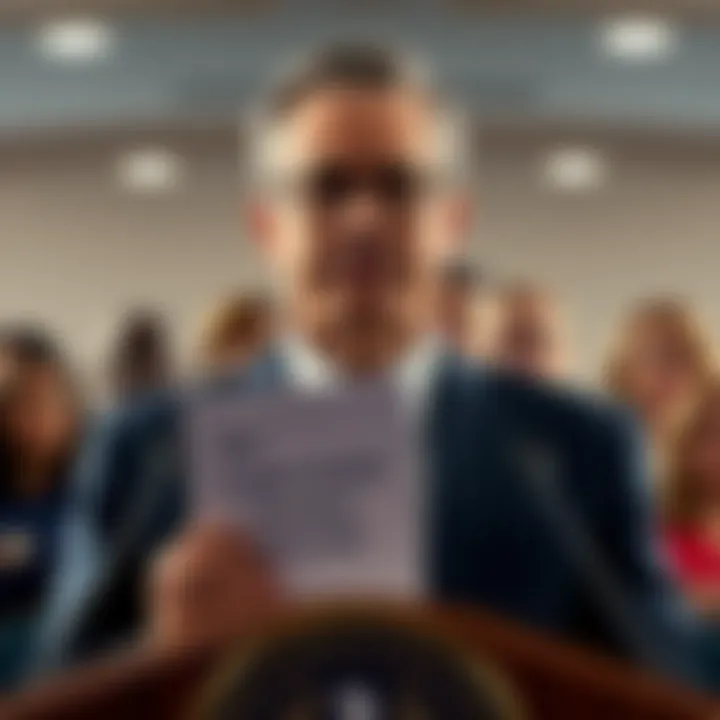 A close-up of a confident man standing at a podium labeled SEC, holding a document titled crypto market structure bill, with a diverse group of people in the background looking attentive.