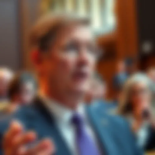 US lawmaker speaking about the SEC no longer regulating cryptocurrency effectively, with a worried audience in the background.