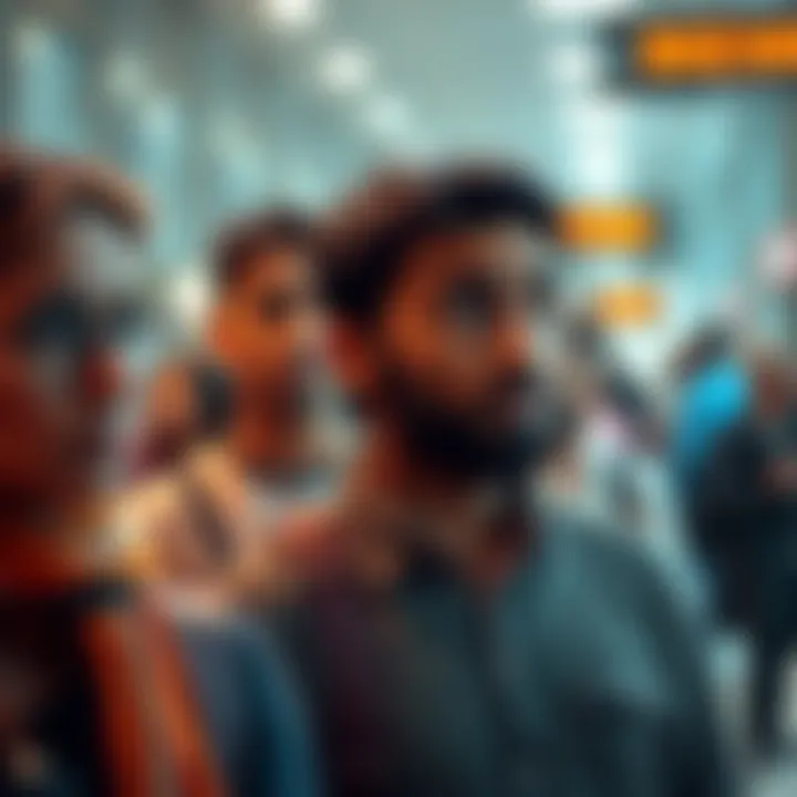 Individuals looking puzzled while discussing second migration status with tentative KYC in a public setting