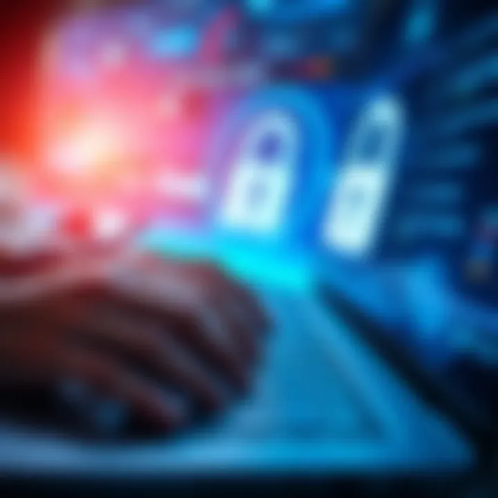 A person typing a long passphrase on a keyboard with a lock symbol in the background, symbolizing enhanced security measures.