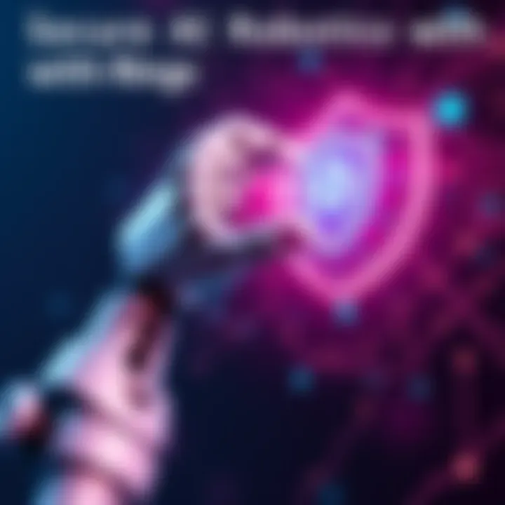 A digital representation of a secure brain-computer interface with ring signature technology, showcasing a robotic arm and a shield symbol to indicate protection against hacking.