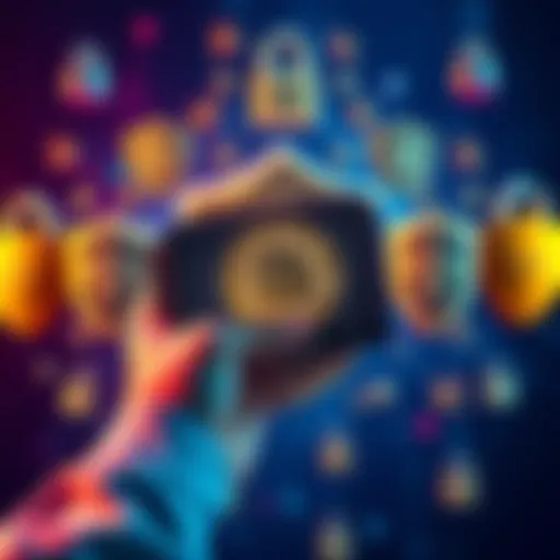 A person holding a hardware wallet with Bitcoin logo, surrounded by locks and shields symbolizing security, representing safe storage of cryptocurrency.