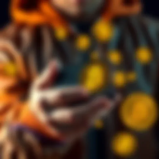 A person holding a hardware wallet with Bitcoin symbols around it, showing security measures for digital assets.