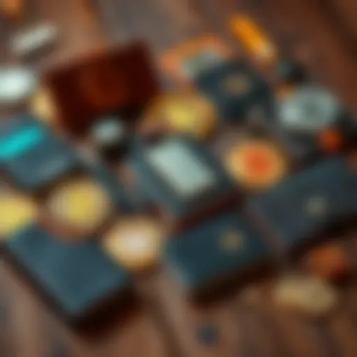 A collection of popular hardware wallets for cryptocurrency storage on a wooden surface.
