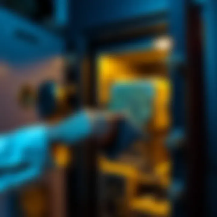 Person securing Bitcoin in cold storage A person placing a hardware wallet in a safe for Bitcoin cold storage