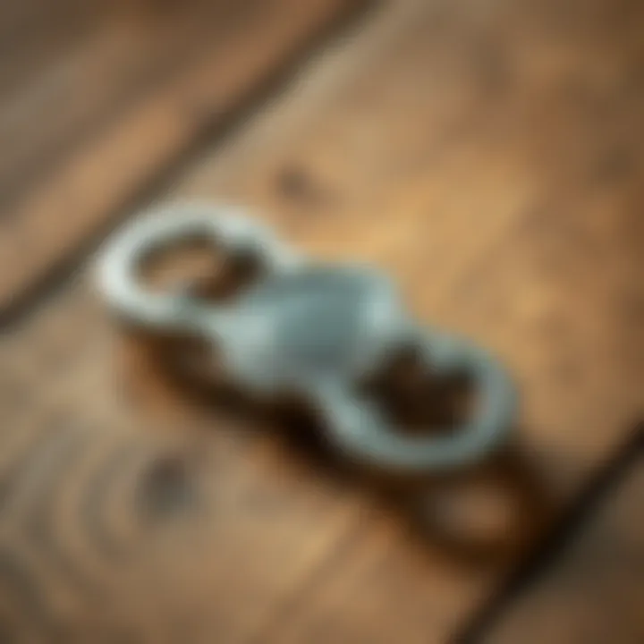 A close-up of a stainless steel fidget tool shaped like beads, representing Bitcoin principles and self-custody, on a rustic wooden surface.