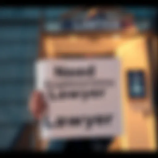 A person holding a sign that says 'Need Cryptocurrency Lawyer' in front of a law office