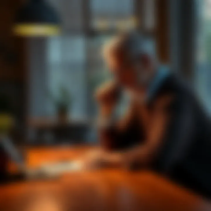 A thoughtful person sitting at a table, looking at a notepad and a phone, contemplating reaching out for senior advice.
