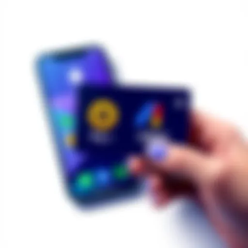 Hand holding a self-custody crypto card displaying USDT and USDC logos, next to a smartphone showing Apple Pay and Google Pay apps