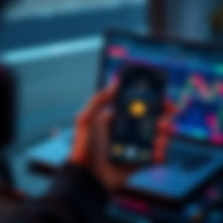 A person holding a smartphone displaying a self-custody wallet app, contrasted with a laptop showing a cryptocurrency exchange site.