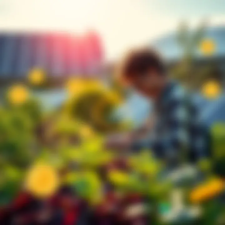 A person tending to a home garden with solar panels in the background and Bitcoin symbols, representing financial independence and renewable energy.