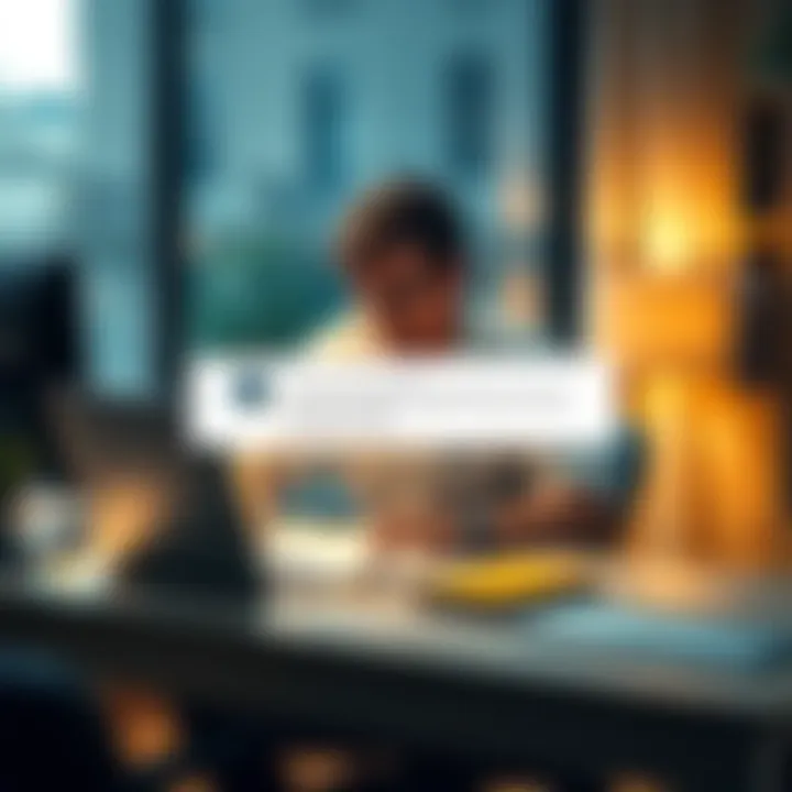 A frustrated seller sitting at a desk with a laptop, looking at a message about account restriction after a bad transaction.