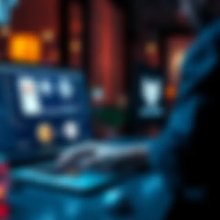 Selling Monero Coins A person looking at various online platforms for selling Monero coins with a laptop and cryptocurrency logos in view