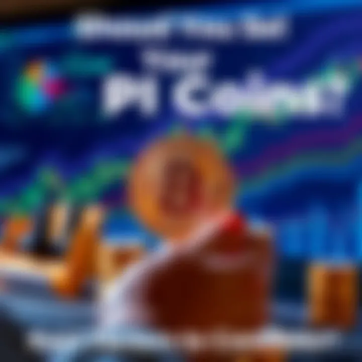 Person weighing options about selling Pi coins with charts and coins in the background