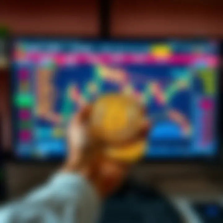 A person holding Bitcoin coins in front of a computer screen showing a cryptocurrency exchange platform