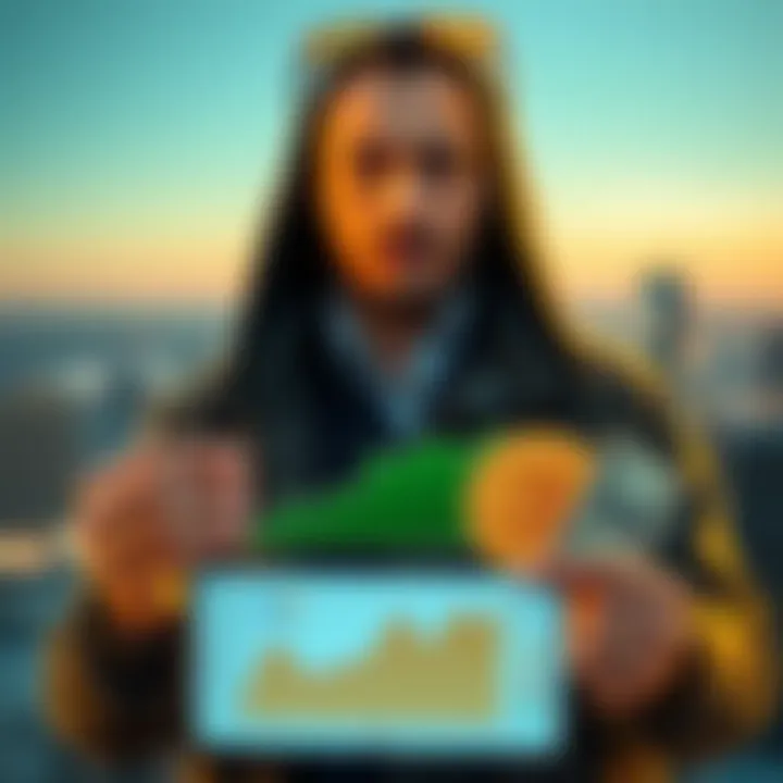 A person contemplating selling Google shares or Bitcoin, showing a graph comparing both options, with cash in hand