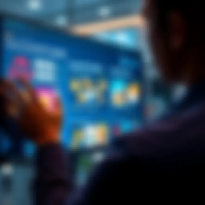 A person looking at a digital screen displaying NFT artworks and sale options, contemplating quick sale strategies.