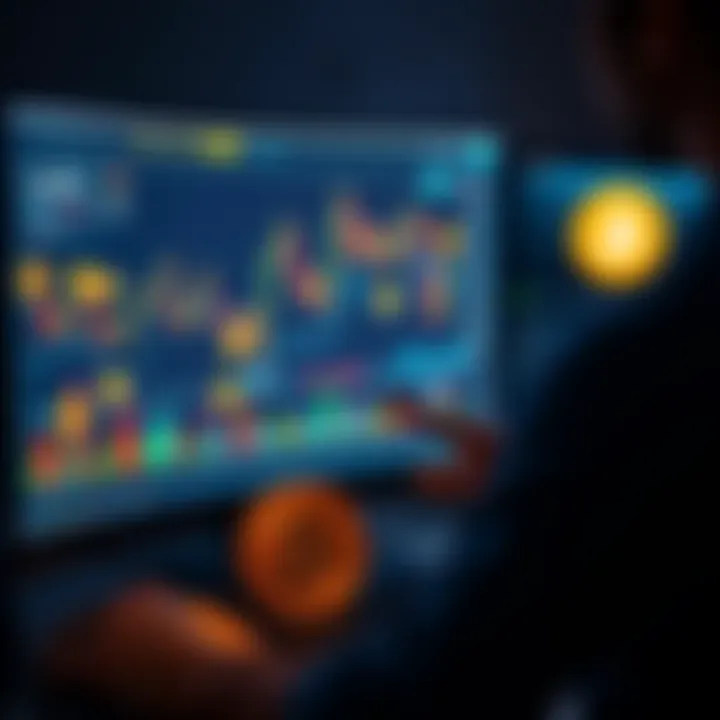 A person analyzing charts on a computer screen with Pi coins graphics, representing trade and profit in cryptocurrency