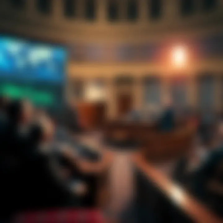 Senate Votes on Crypto Legislation Senators gathered in the chamber discussing the CLARITY Act, with crypto-related graphics displayed in the background.