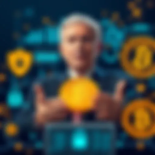 A U.S. senator discusses Bitcoin's potential in enhancing military cyber defense, surrounded by digital security graphics and Bitcoin symbols.