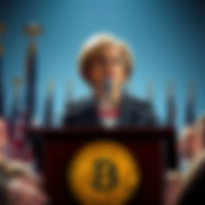 Senator Cynthia Lummis speaking at a podium about Bitcoin acquisition, surrounded by flags and an engaged audience.