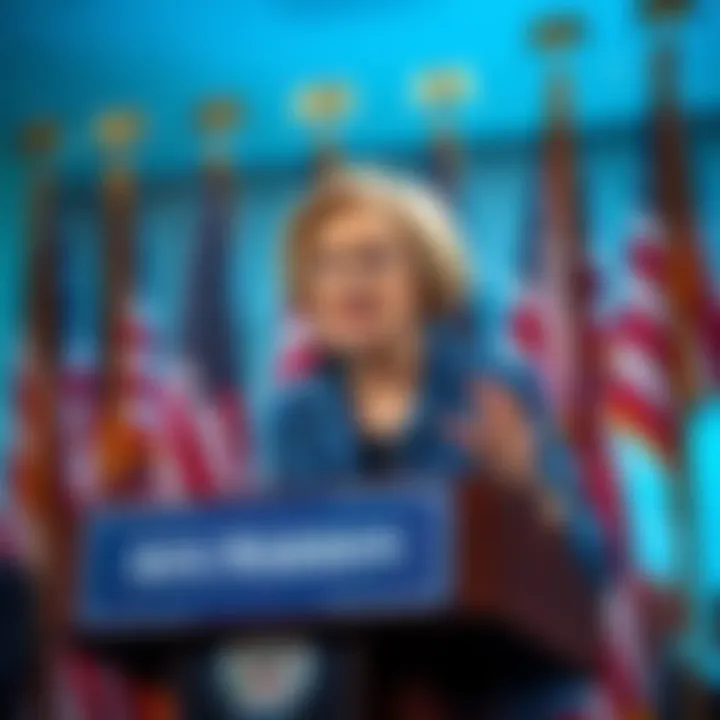 Sen. Warren speaking at a podium Sen. Elizabeth Warren addresses the audience at a press conference, advocating against financial bailouts for cryptocurrency billionaires, with American flags in the background