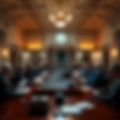 U.S. senators gathered in a meeting room discussing cryptocurrency laws, with papers and laptops on the table