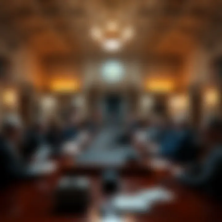 U.S. senators gathered in a meeting room discussing cryptocurrency laws, with papers and laptops on the table
