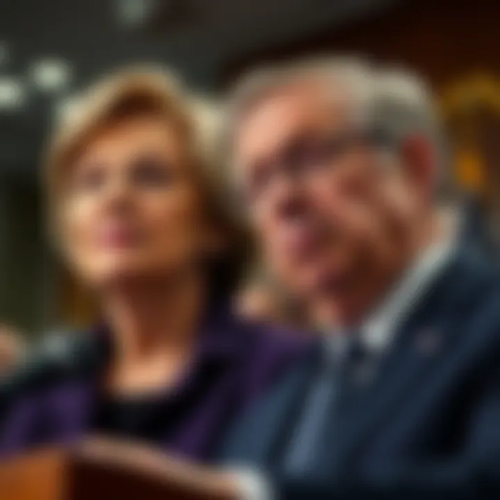 Senators Elizabeth Warren and Jack Reed speaking at a press conference about the DOJ investigation into WLFI, a cryptocurrency firm linked to Trump, with serious expressions.