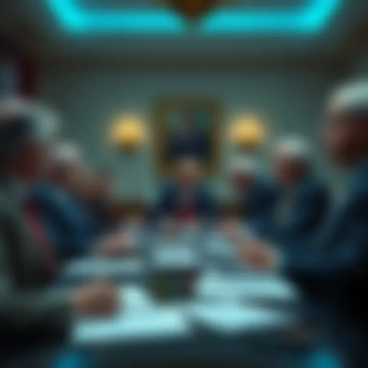 Senators Discuss Crypto Firm Risks A group of senators in a meeting discussing concerns over a cryptocurrency firm linked to Trump, with serious expressions and paperwork on the table.