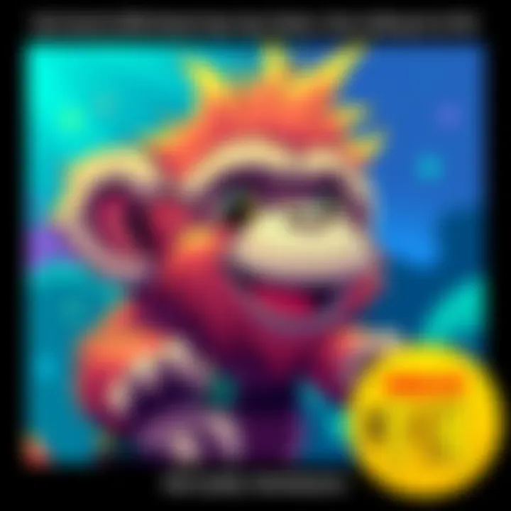 A digital illustration of a Board Ape NFT, colorful and cartoonish, showcasing its unique features with a price tag of $14K.
