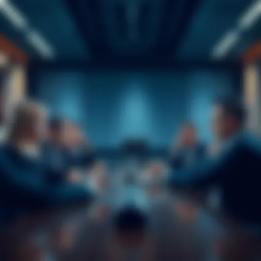 A group of worried shareholders discussing doubts and speculations about management's intentions in a boardroom setting