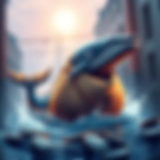 A representation of a large SHIB token transfer, illustrating a whale figure moving a large sack of tokens, symbolizing the 400 billion tokens moved.