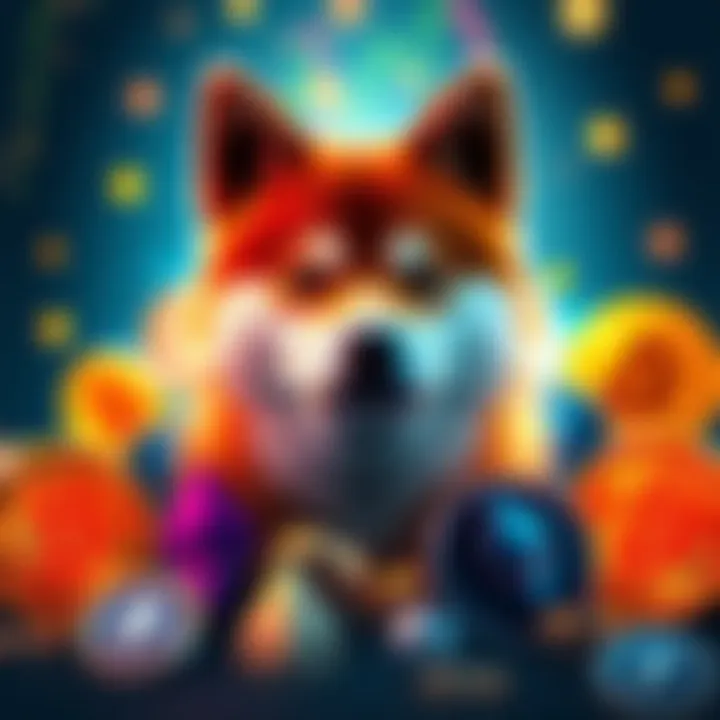 A Shiba Inu dog surrounded by various cryptocurrency symbols like Bitcoin and Ethereum, representing the rise of meme coins in the crypto market.