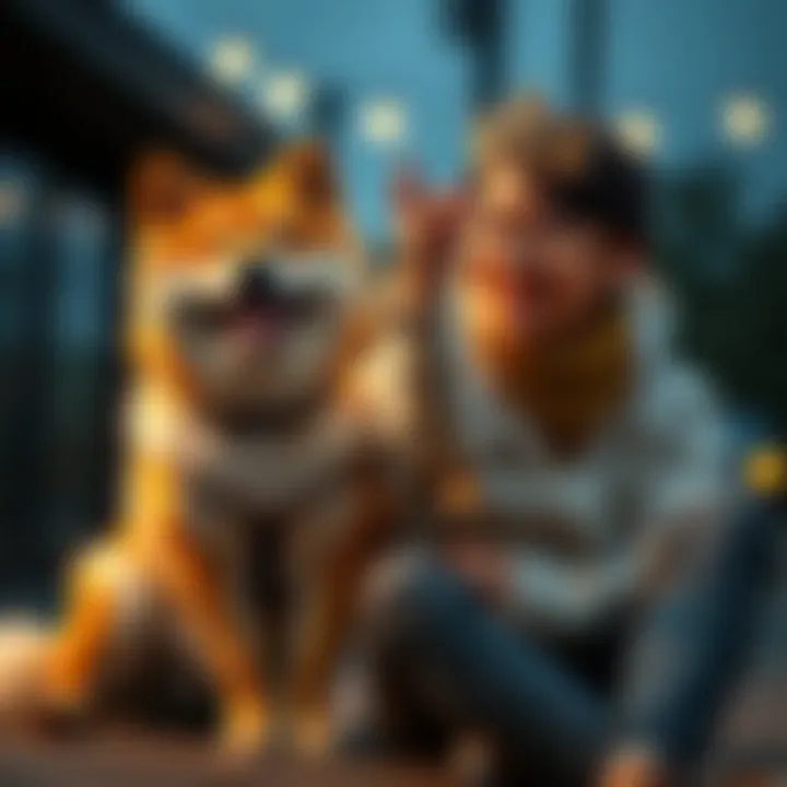 A first-time dog owner sitting next to a Shiba Inu, showing affection, with a cheerful expression.