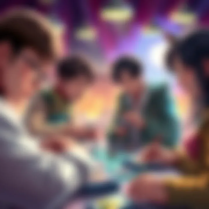 A vibrant scene showing players engaged in a Shiba Eternity trading card game match, displaying colorful cards and intense focus.