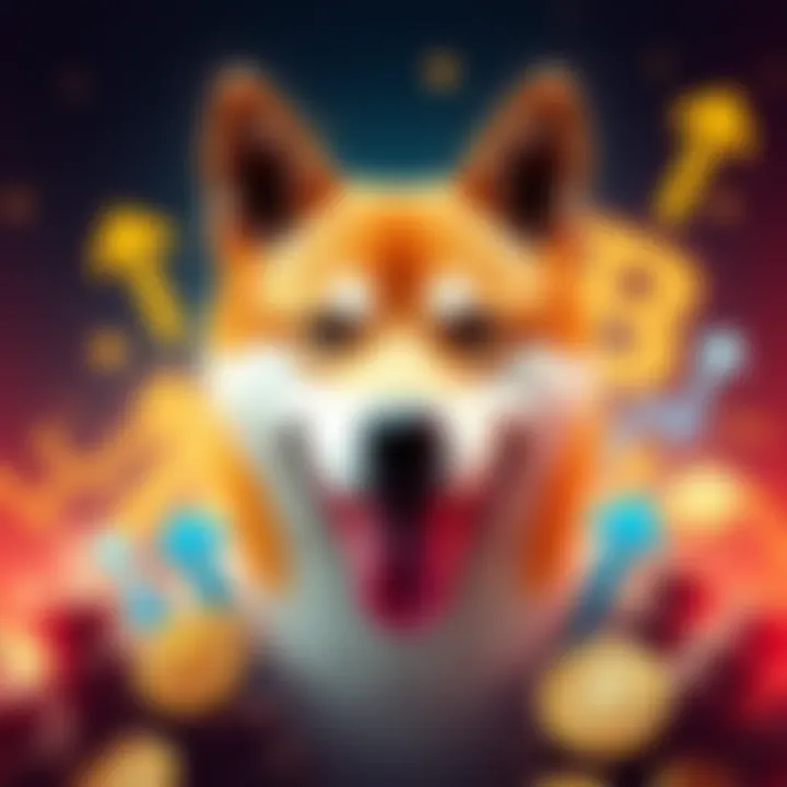 A Shiba Inu dog surrounded by bullish market symbols like upward arrows and coins, representing growth in cryptocurrency investment.