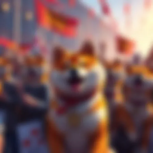 A group of Shiba Inu enthusiasts celebrating their passion for cryptocurrency, holding banners and sharing ideas.